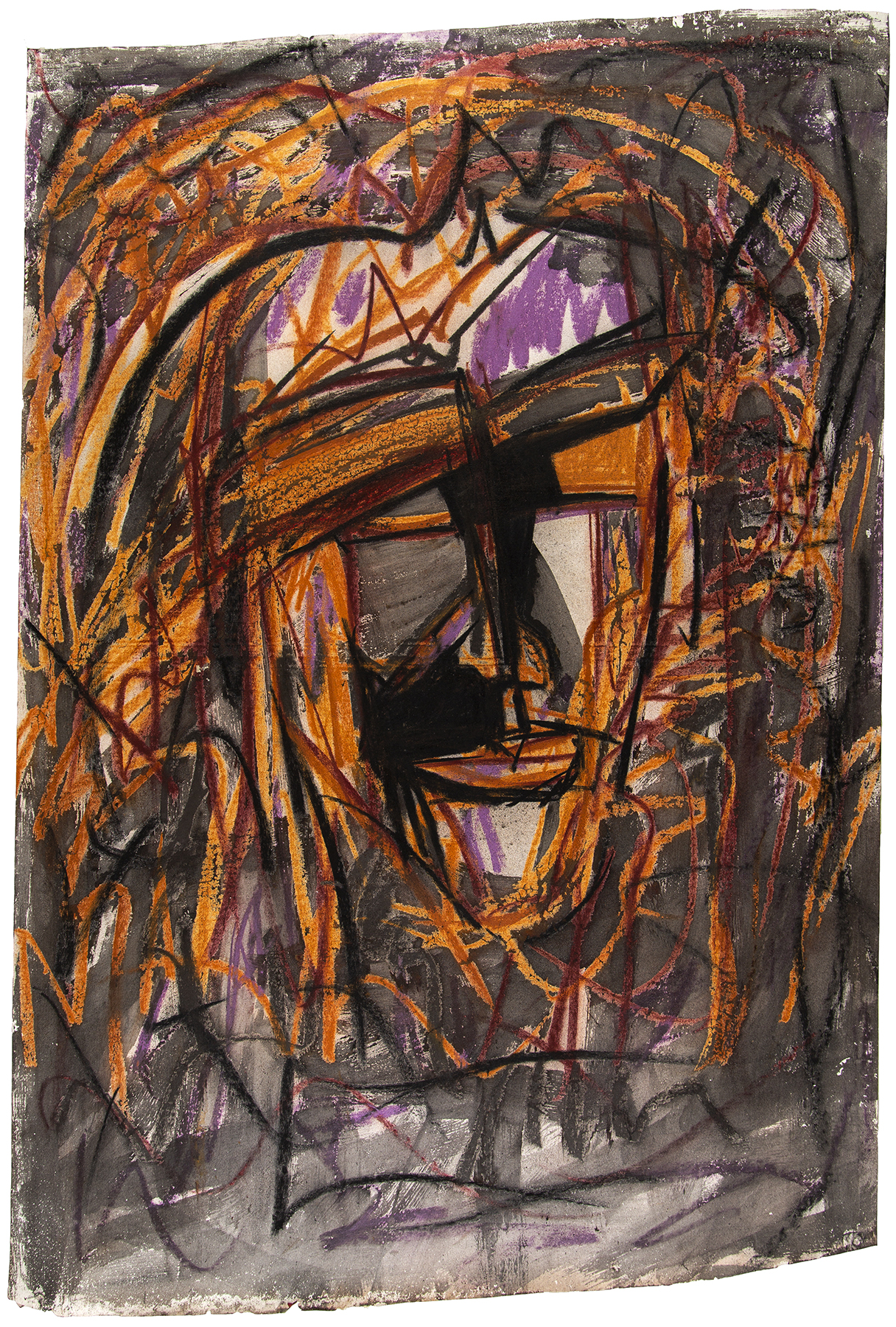 Abstract drawing of a figure's face in black, grey and orange